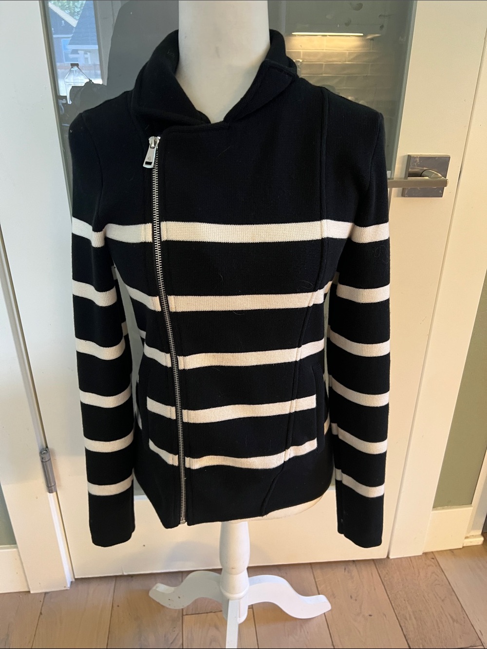 Lauren Ralph Lauren Black and White Striped Asymmetrical Zip Sweater Jacket